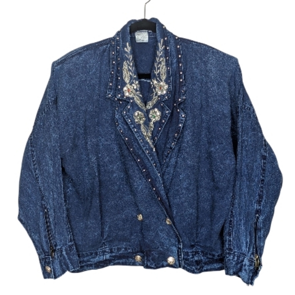Vintage Embellished Denim Jacket Women’s Large 100% Cotton Embroidered